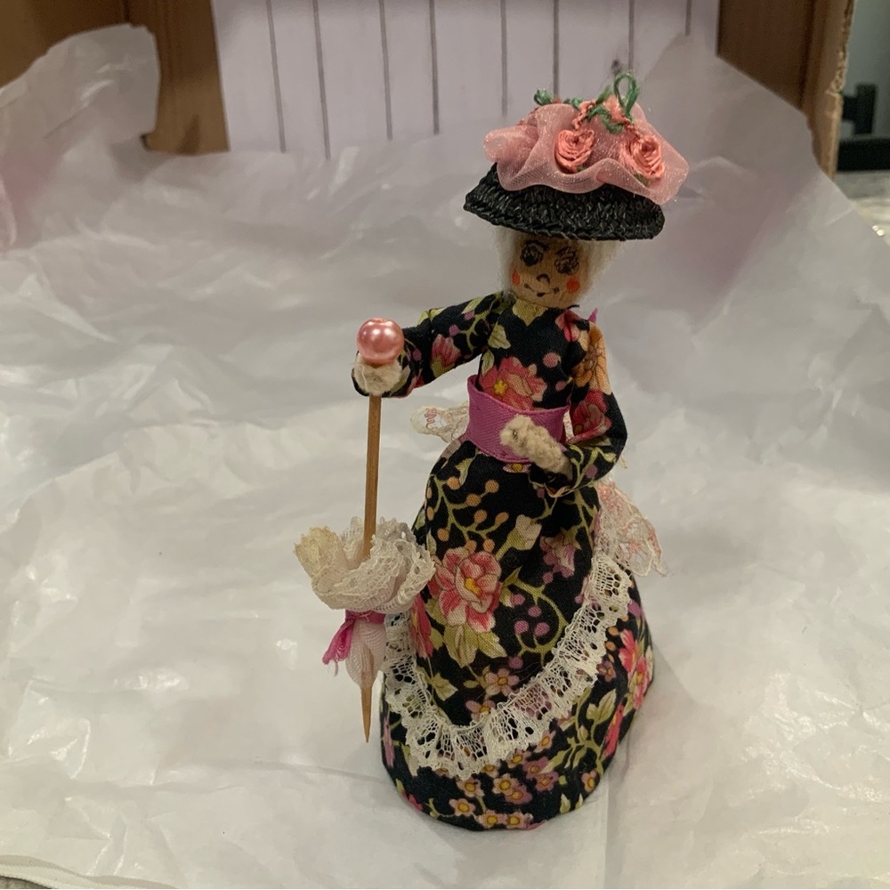 Floral Peg Doll w Parasol Handmade 1990s Made in England